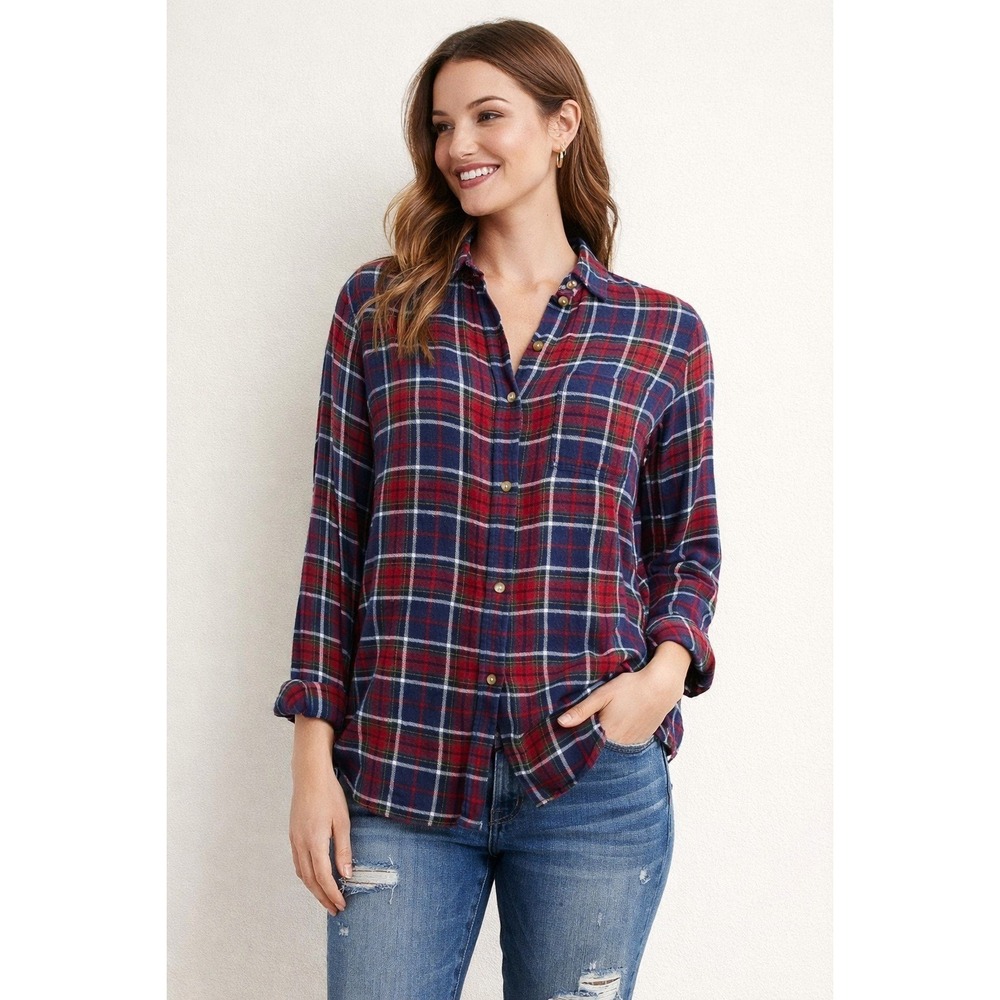 American Eagle Plaid Button Down Shirt‎ Womens S Red Blue Boyfriend cottagecore